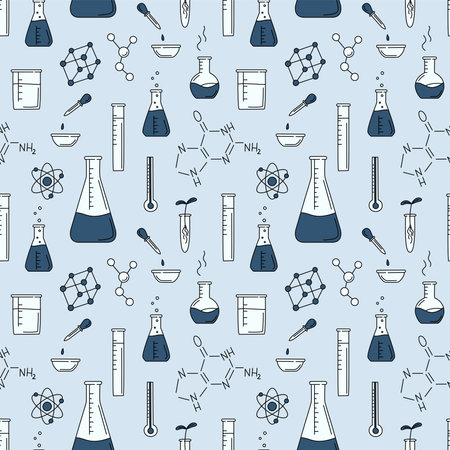 Science chemical seamless pattern with flask, molecule, atom, chemical formula in doodle style. Vector colorful line art sketch.のイラスト素材