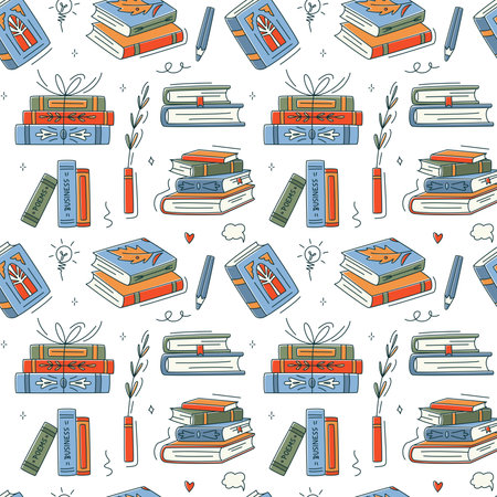 Seamless pattern with colorful books. Educational Vector illustration. Stack of books, vase, vertical books, pen. Reading books concept. World book day. Minimalism, line art.のイラスト素材
