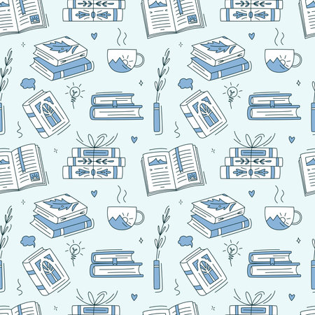 Seamless pattern with monochrome books. Educational Vector illustration. Stack of books, vase, vertical books, cup of tea, fairy tales. Reading books concept. World book day. Minimalism background.のイラスト素材