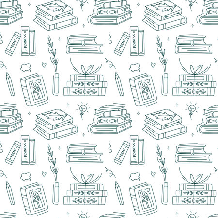 Seamless pattern with line art books. Educational Vector illustration. Stack of books, vase, vertical books, pen. Reading books concept. World book day. Minimalism background.のイラスト素材