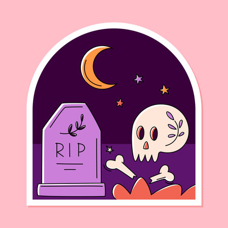 Halloween sticker with tombstone, decorated skull, bones, moon and stars. Night at the cemetery. Vector illustration.のイラスト素材