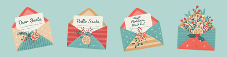 Christmas open envelopes with seals, stamps, decorated with branches and dried lemon slice. Greeting card with lettering Dear Santa, Hello Santa, Christmas Wish list. Vector flat cartoon illustration.のイラスト素材