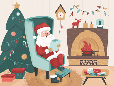 Holiday preparation. Happy old kind bearded Santa Claus sitting in the arm chair near fireplace and reading a letter or making list of presents. Cute Christmas vector illustration in retro style.のイラスト素材