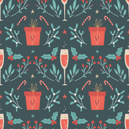 Holiday floral seamless pattern with Christmas branches and with berries, gift boxes and glasses of...