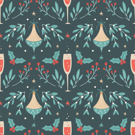 Holiday floral seamless pattern with Christmas decorations, branches and with berries, glasses of champagne. Xmas and New Year vector background for wrapping paper, textile, card on dark background.のイラスト素材