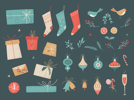 Set of Christmas and New Year decorative elements in retro style. Gift boxes, Xmas decorations, socks for gifts, winter floral elements, glass of champagne, birds. Vector elements on dark background.のイラスト素材