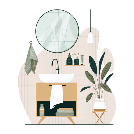 Bathroom interior design flat vector illustration. Bathroom cabinet with sink, mirror, bathroom furniture, accessories and plants. Japandi or Scandinavian interior style isolated on white.のイラスト素材