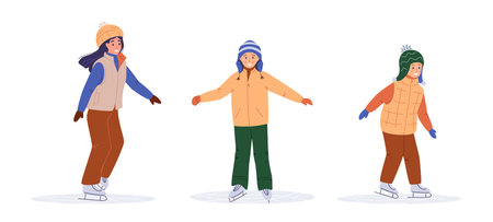 Set of Kids ice skating, winter sport activity, flat vector illustration isolated on white background. Boys and girls in warm clothes on holiday, weekend on ice rink, winter vacation, outdoor activity.のイラスト素材
