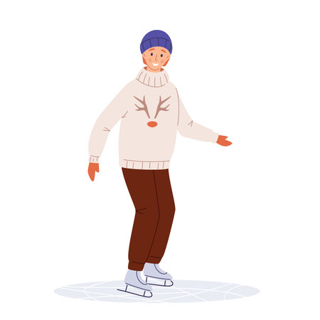 Teenage person ice skating, winter sport activity, flat vector illustration isolated on white background. Young woman in warm clothes on holiday, weekend on ice rink, winter vacation, outdoor activity.のイラスト素材