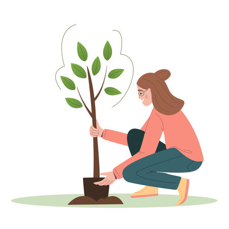 Young eco volunteer girl plants a tree. Environmental care, volunteerism, reforestation concept, spring gardening. Flat cartoon vector illustration isolated on white background.のイラスト素材