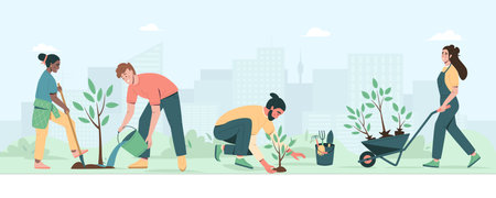 Environmental care horizontal poster. People planting trees, seedlings in city park. Environmental care and volunteerism concept. Engage for a greener future. Flat cartoon vector illustration.のイラスト素材
