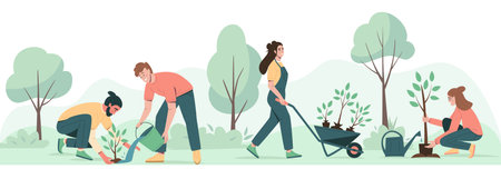 Environmental care horizontal poster. People planting trees, seedlings in city park. Environmental care and volunteerism concept. Engage for a greener future. Flat cartoon vector illustration.のイラスト素材