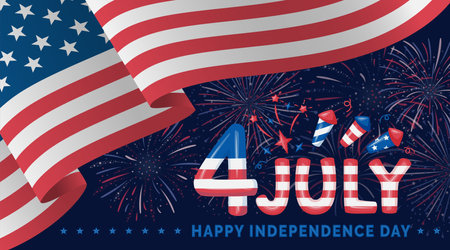 Fourth of July banner. American Independence Day vector illustration. 4 July letters voluminous inflated from balloon. Greeting card and poster design with US flag and fireworks on dark background.のイラスト素材