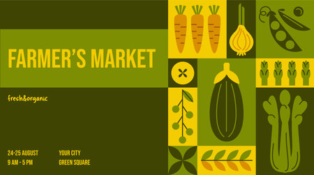 Colorful Geometric Vegetable Background, horizontal geometrical modern style design. Vector poster, banner template for Farmers Market, Organic Farm, Harvest Festival, Agricultural fair.のイラスト素材