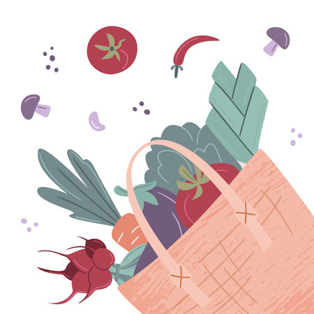 Eco bag or basket full of vegetables, flat lay, top view. Cotton eco shoppers, zero waste concept, bio market, reusable items. Grocery order, local farm market. Vector illustrationのイラスト素材