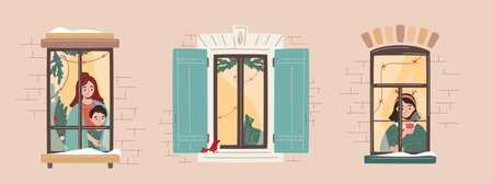 Set of Christmas window decorated with lights, fir branches with characters: girl, mother and sun, cat. Cozy winter evening. Snowfall, warm Christmas or New Year atmosphere. Vector illustrationのイラスト素材