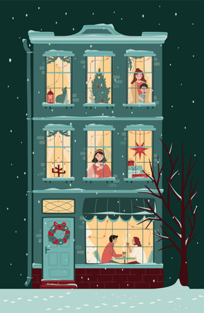 Cute Christmas house with windows decorated with lights and fir branches. People in the windows spending time at home and cafe at xmas eve. Snowfall, evening, warm Christmas atmosphere.のイラスト素材