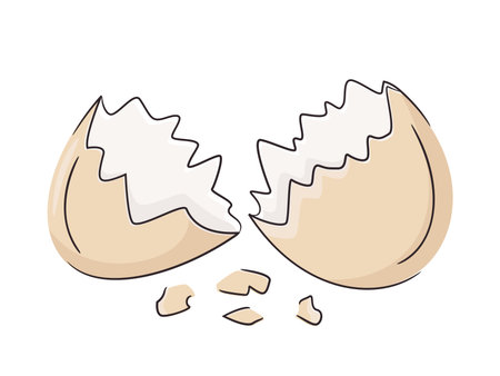 Brown egg shell broken or crack with pieces scattered on the surface, isolated on white background, cut out. Bright and clean design, minimal vector illustration.のイラスト素材