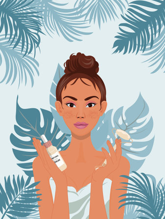 Illustration of natural skincare products with an attractive female model beaming. In her hands, she holds skincare essentials like a facial roller and serum, against a soothing, soft pale blue backdrop with elegant tropical silhouettesのイラスト素材