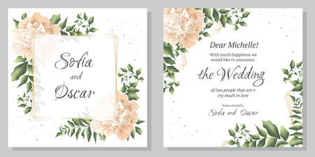 Vector template for wedding invitation. Polygonal gold frame, peony flowers, green leaves and plants.のイラスト素材
