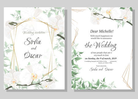 Vector floral template for wedding invitations. Orchid flowers, polygonal gold frame, green plants, leaves. All elements are isolated.のイラスト素材