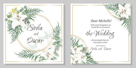 Vector floral template for wedding invitation. Eucalyptus, berries, green plants and leaves, lily flowers, mimosa, round gold frame.のイラスト素材