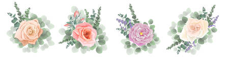 Set of vector bouquets. Lavender, pink and beige roses, eucalyptus branches, green plants. Flowers on a white background.のイラスト素材
