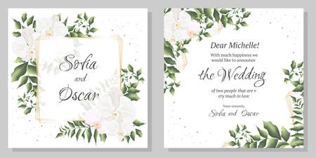 Vector floral template for wedding invitations. Orchid flowers, polygonal gold frame, green plants, leaves. All elements are isolated.のイラスト素材
