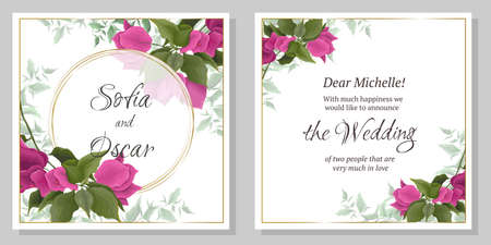 Template for a wedding invitation. Bougainvillea flowers, green plants and leaves.のイラスト素材