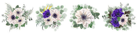 Vector set of anemone flowers. Blue and white anemones, eucalyptus, mimosa, green leaves and plants. Flowers on a white background.のイラスト素材