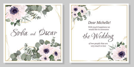 Vector template for a wedding invitation. White anemone flowers, eucalyptus, green leaves and plants.のイラスト素材