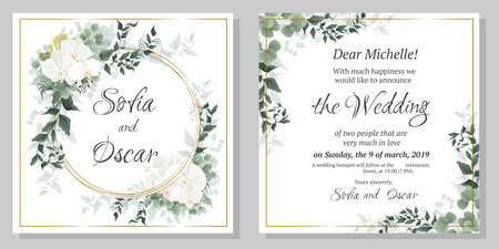 Vector floral pattern for wedding invitations. Orchid flowers, round gold frame, green plants, leaves. All elements are isolated.のイラスト素材