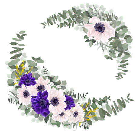 Vector floral elements for design. White and blue anemones, leaves and branches of eucalyptus, mimosa, green plants and leaves.のイラスト素材