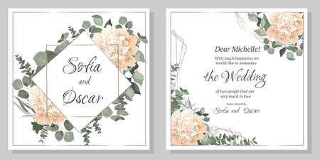 Vector template for wedding invitation. Polygonal gold frame, peony flowers, berries, green leaves and plants.のイラスト素材