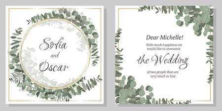 Vector template for invitation. Golden round frame, green plants and leaves, eucalyptus.のイラスト素材