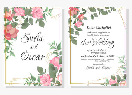 Vector template for wedding invitation. Magnolia flowers, green branches, leaves. All elements are isolated.のイラスト素材