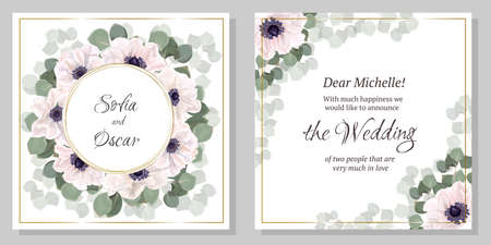 Vector template for wedding invitation. Greeting card template. Anemone flowers, green leaves, round frame, eucalyptus. All elements are isolated.のイラスト素材