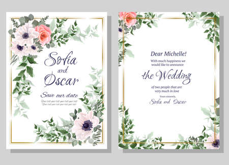 Floral card for wedding invitations. White anemones, pink roses, eucalyptus, green plants.のイラスト素材