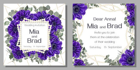 Floral template for a wedding invitation. Blue anemones, eucalyptus, green plants and leaves, square pearl frame. Template for a greeting card.のイラスト素材