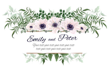 Floral border for a wedding invitation. White anemones, eucalyptus, green plants and leaves, square frame. Template for a greeting card.のイラスト素材