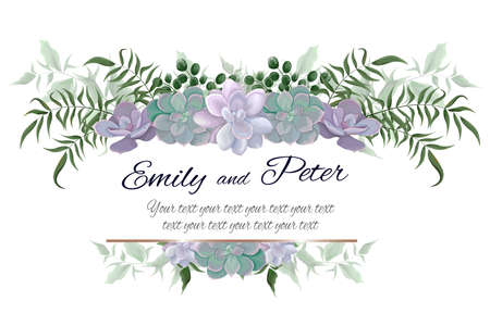 Floral border, frame for a wedding invitation. Succulents, green berries, branches, plants and leaves.のイラスト素材