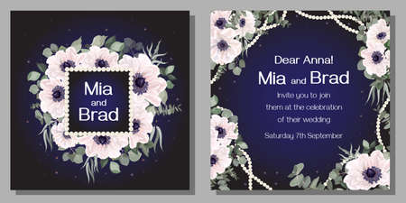 Floral template for a wedding invitation. White anemones, eucalyptus, green plants and leaves, square pearl frame, dark background and sparkles. Template for a greeting card.のイラスト素材