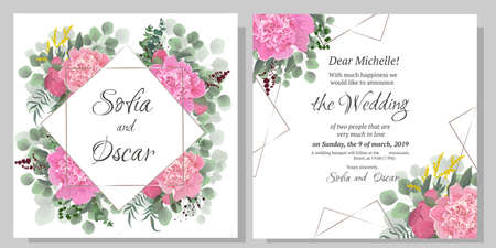 Vector template for wedding invitation. Polygonal gold frame, peony flowers, berries, green leaves and plants.のイラスト素材