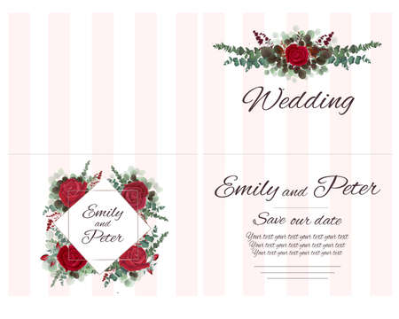 Vector template for wedding invitation. Red roses, berries, green plants, eucalyptus. All elements are isolated. Greeting card.のイラスト素材