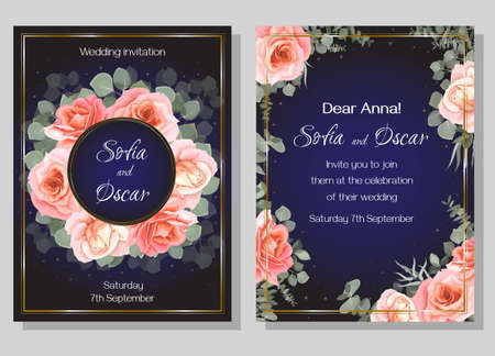Vector floral wedding invitation. Round frame, pink roses, eucalyptus.のイラスト素材