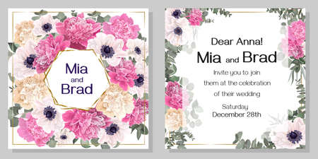 Floral polygonal golden frame. Pink and beige peonies, white anemones, eucalyptus, green plants and leaves.のイラスト素材