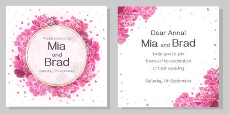 Template for a wedding invitation. Beautiful pink peony flowers, petals. Floral frame for postcards.のイラスト素材