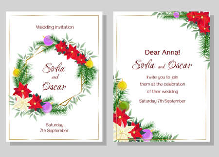 Vector wedding invitation in new year style. Poinsettia flowers, Christmas balls, spruce branches.のイラスト素材