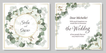Vector floral template for wedding invitation. Eucalyptus, green plants and leaves, lily flowers.のイラスト素材