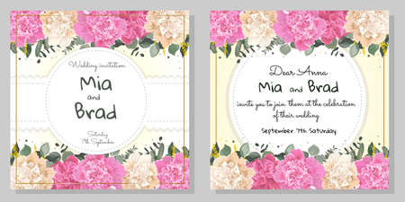 Template for a wedding invitation. Beautiful white and pink peony flowers, mimosa, green plants, eucalyptus. Floral frame for postcards.のイラスト素材